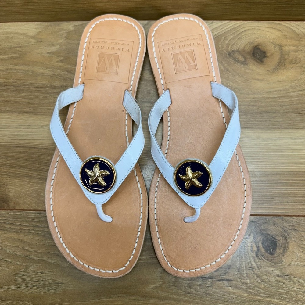 Wimberly Flip Flop Sandals Womens 8 White Leather Star Fish Medallion USA‎ Made